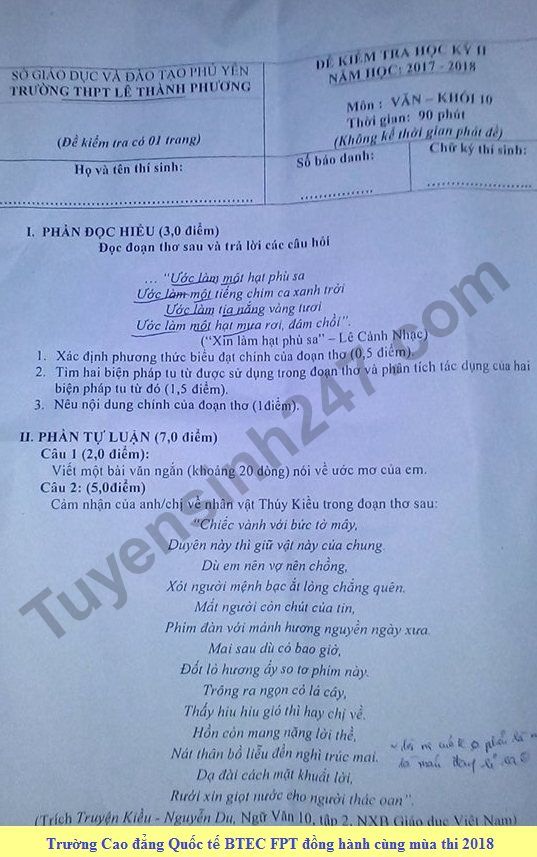 Đề thi học kì 2 lớp 10 môn Văn 2018 - THPT Lê Thành Phương