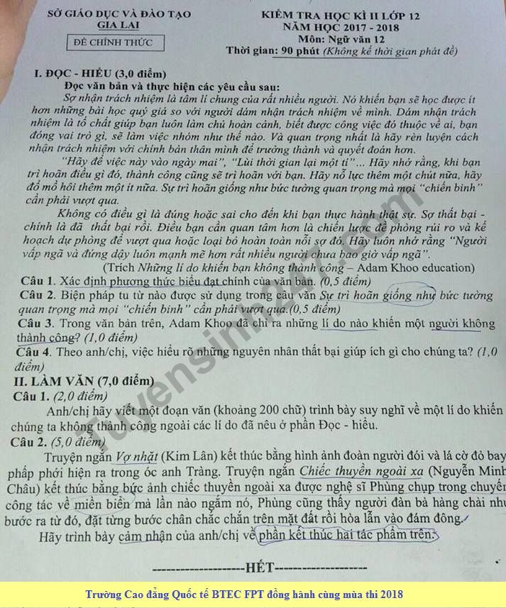 Đề thi học kì 2 lớp 12 môn Văn 2018 - Sở GD&ĐT Gia Lai