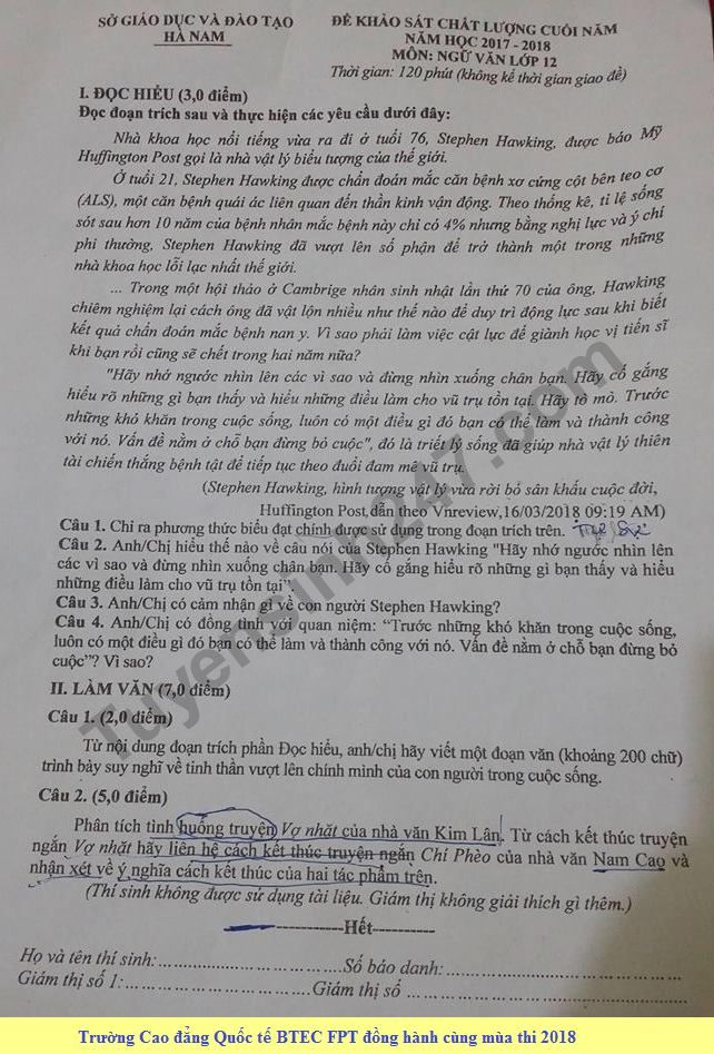 Đề kiểm tra học kì 2 môn Văn lớp 12 - Sở GD&ĐT Hà Nam 2018