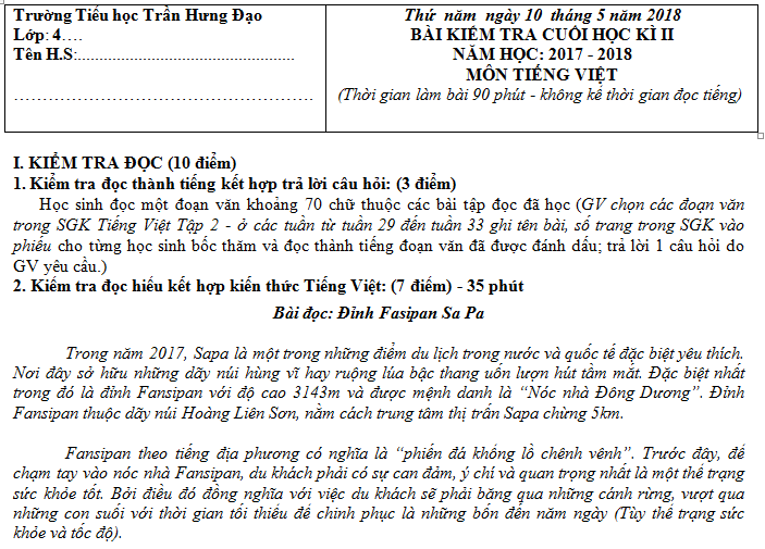 Đề thi kì 2 lớp 4 môn Tiếng Việt - TH Trần Hưng Đạo năm 2018