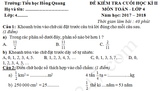 Đề kiểm tra học kì 2 lớp 4 môn Toán 2018 - TH Hồng Quang