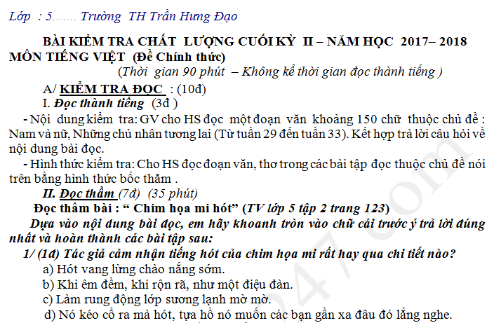 Đề thi kì 2 lớp 5 môn Tiếng Việt - TH Trần Hưng Đạo 2018