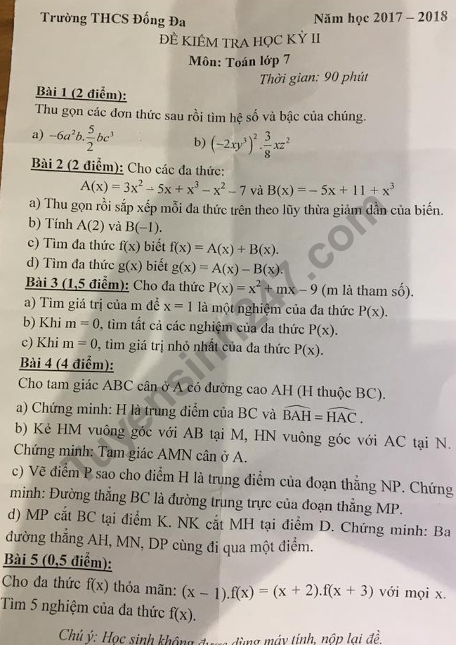 Đề thi học kì 2 lớp 7 môn Toán -  Đống Đa năm 2018