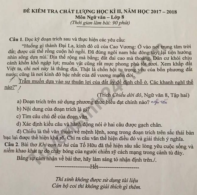 Đề thi học kì 2 lớp 8 môn Văn - THCS Lê Bình năm 2018