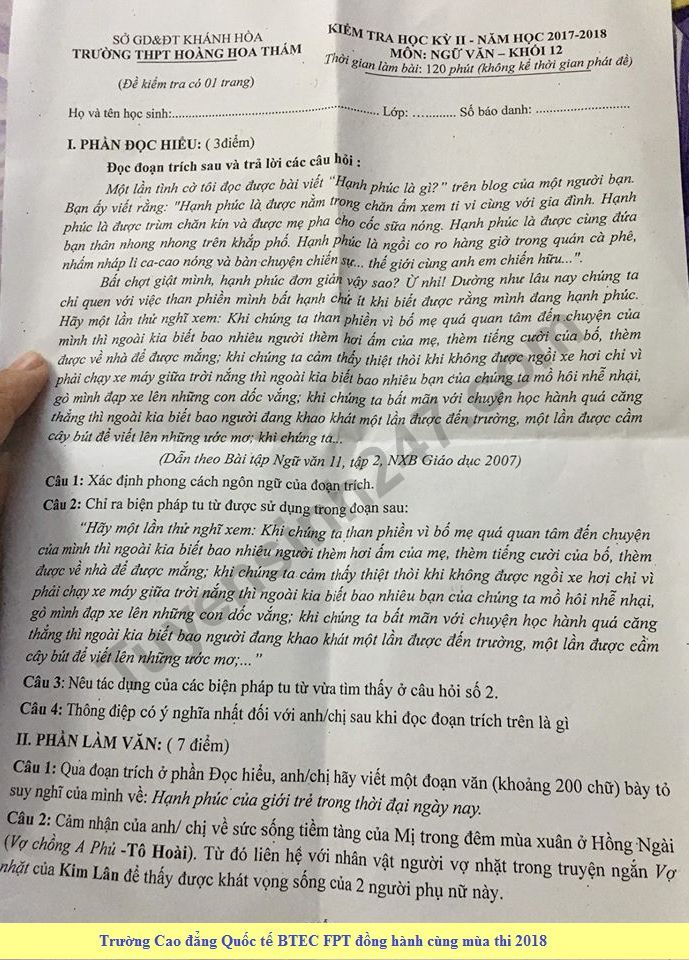 Đề thi học kì 2 lớp 12 môn Văn năm 2018 - THPT Hoàng Hoa Thám