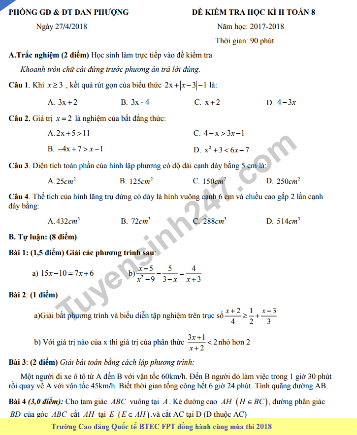 Đề thi học kì 2 lớp 8 môn Toán - Phòng GD&ĐT Đan Phượng 2018