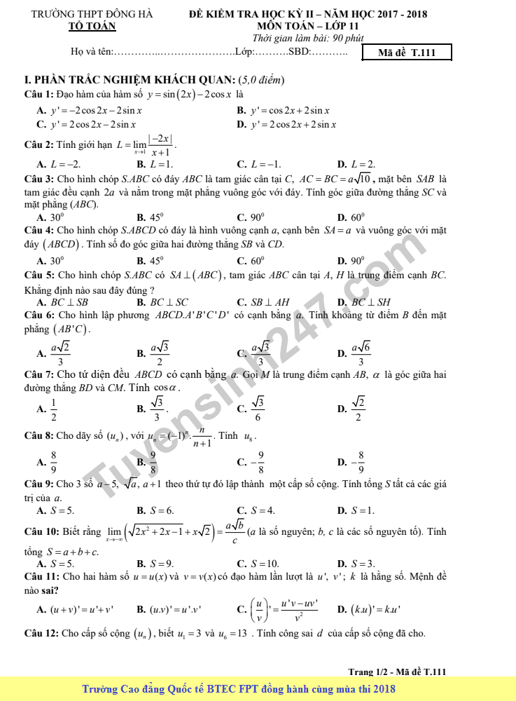 Đề kiểm tra học kì 2 môn Toán lớp 11 - THPT Đông Hà năm 2018