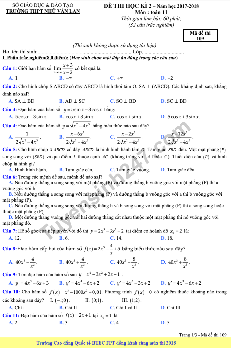 Đề thi học kì 2 lớp 11 môn Toán 2018 - THPT Nhữ Văn Lan