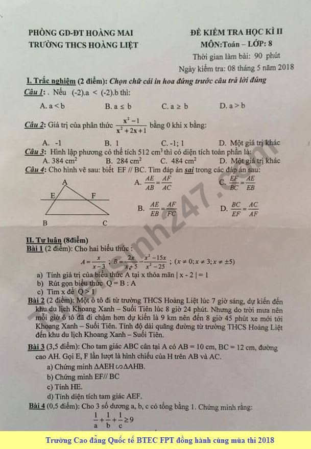 Đề thi học kì 2 môn Toán lớp 8 - THCS Hoàng Liệt năm 2018