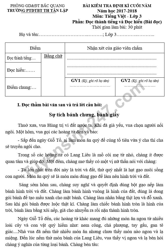Đề kiểm tra học kì 2 môn Tiếng Việt lớp 2  - PTDTBT TH Tân Lập 2018