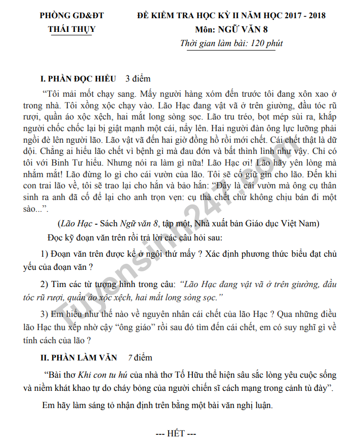 Đề kiểm tra học kì 2 môn Văn lớp 8 - Phòng GD&ĐT Thái Thụy năm 2018