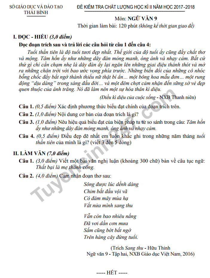 Đề thi học kì 2 môn Văn lớp 9 - Sở GD&ĐT Thái Bình 2018