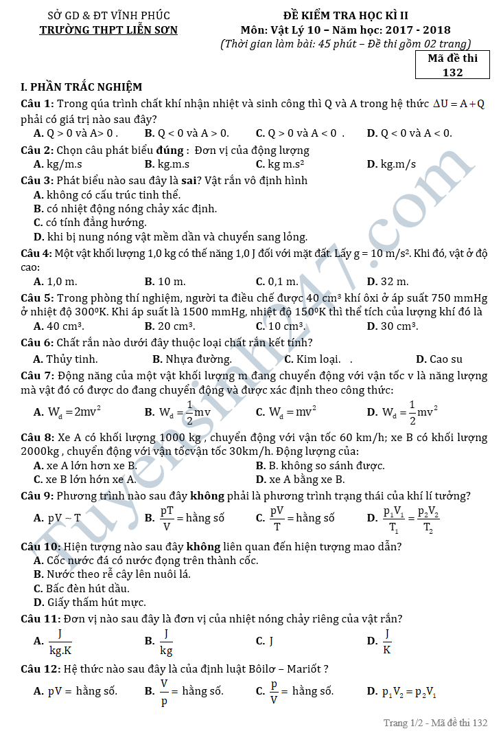 Đề thi học kì 2 lớp 10 môn Vật lý năm 2018 - THPT Liễn Sơn