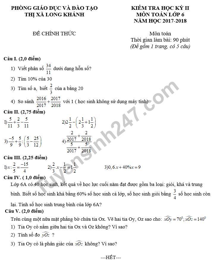 Đề kiểm tra học kì 2 lớp 6 môn Toán - Phòng GD&ĐT Thị xã Long Khánh 2018