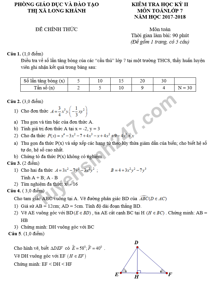 Đề thi học kì 2 lớp 7 môn Toán 2018 - Phòng GD&ĐT Thị xã Long Khánh