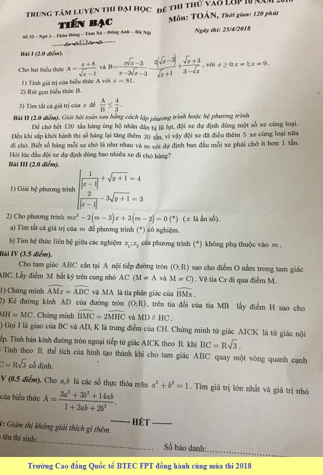 Đề thi thử vào lớp 10 môn Toán - Tiến Bạc năm 2018