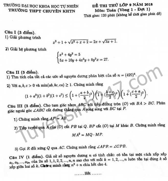 Đề thi thử vào lớp 10 môn Toán Chuyên KHTN lần 1 năm 2018