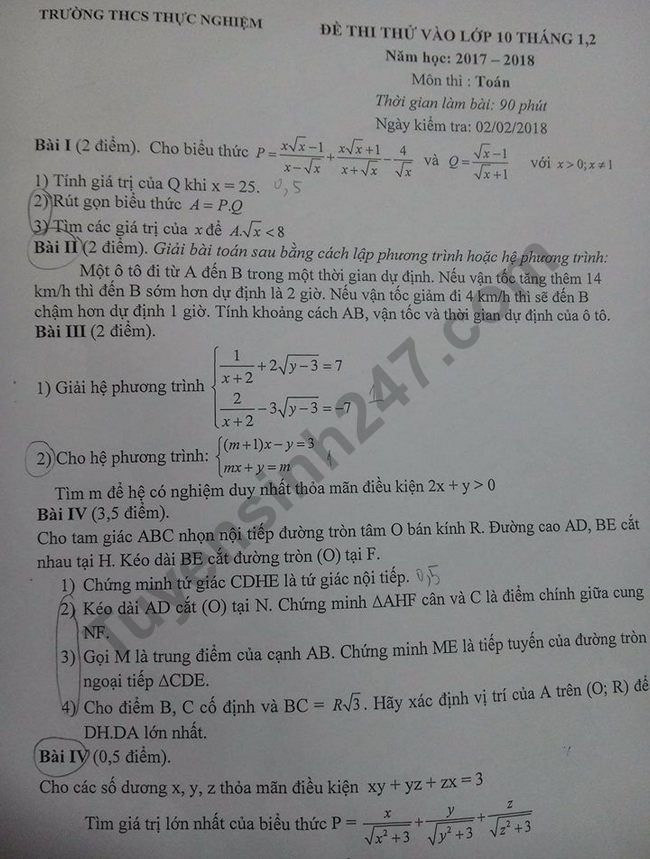 Đề thi thử vào lớp 10 môn Toán - THCS Thực Nghiệm 2018