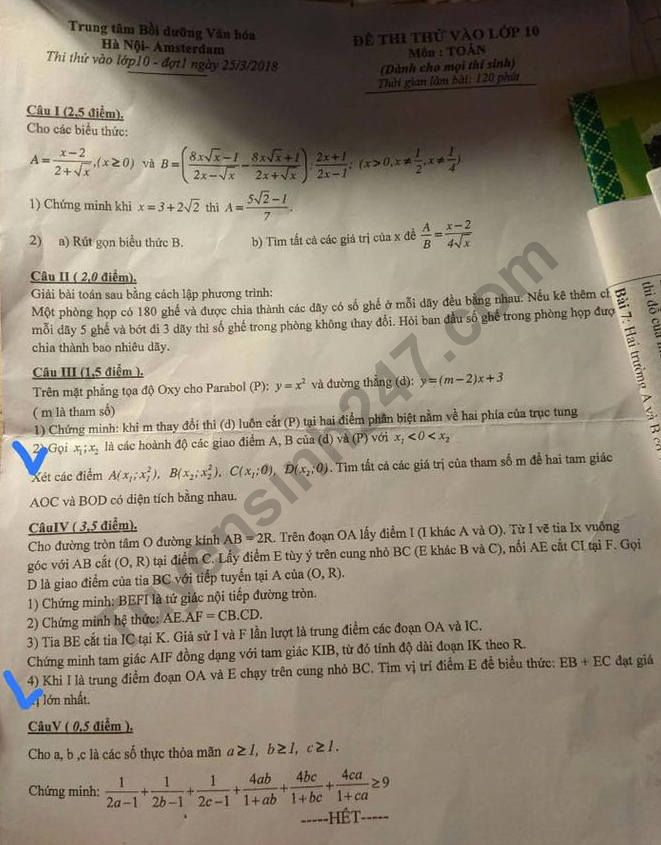 Đề thi thử vào lớp 10 môn Toán - Chuyên Amsterdam 2018