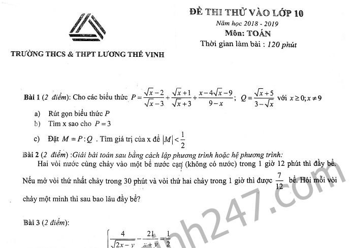 Đề thi thử vào lớp 10 môn Toán THPT Lương Thế Vinh 2018