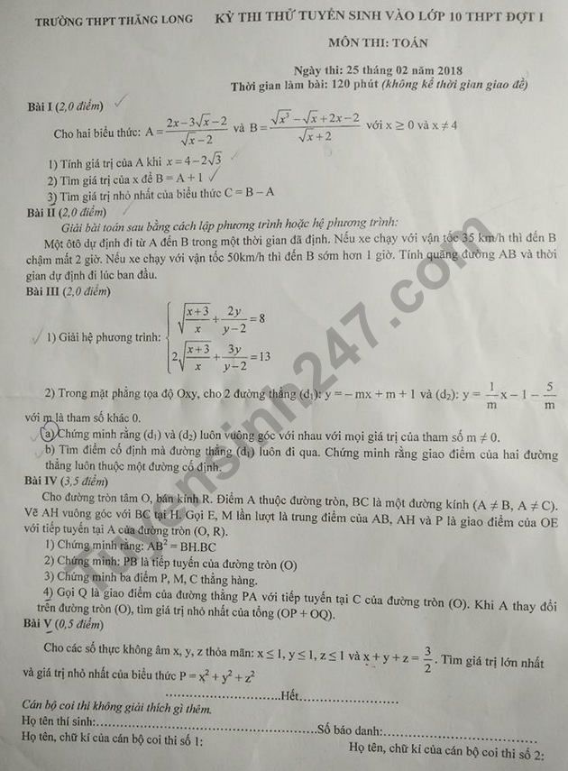 Đề thi thử vào lớp 10 năm 2018 môn Toán THPT Thăng Long