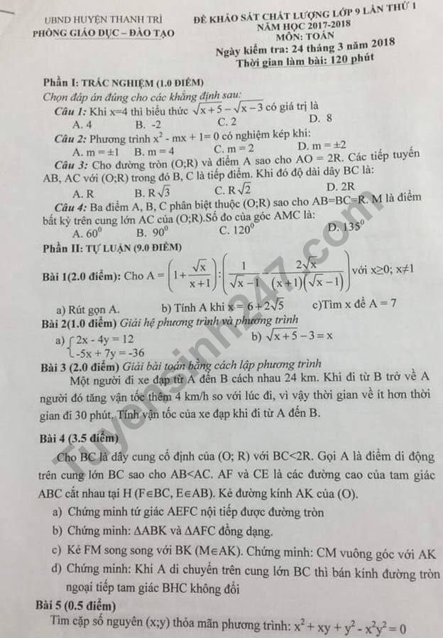 Đề thi thử vào lớp 10 môn Toán 2018 - Phòng GD Thanh Trì