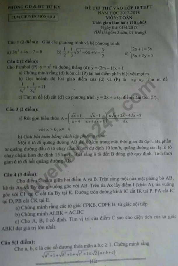 Đề thi thử vào lớp 10 môn Toán - Phòng GD Tứ Kỳ năm 2018