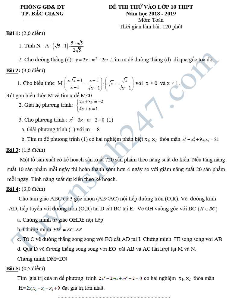 Đề thi thử vào lớp 10 môn Toán - Phòng GD&ĐT TP.Bắc Giang 2018