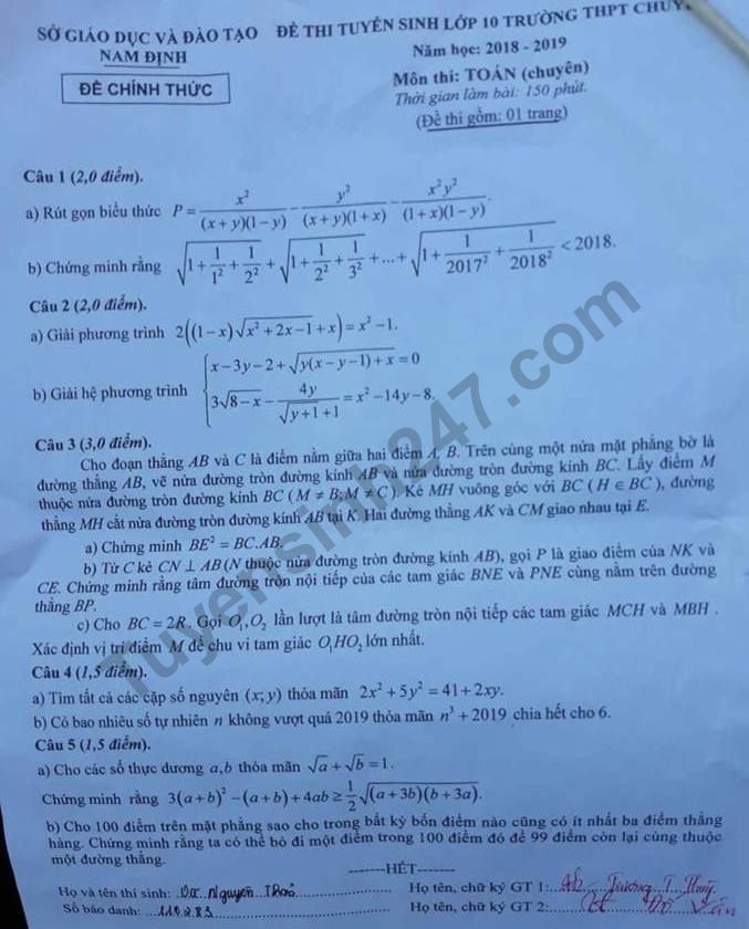 Đề thi vào lớp 10 năm 2018 môn Toán chuyên - THPT chuyên Lê Hồng Phong