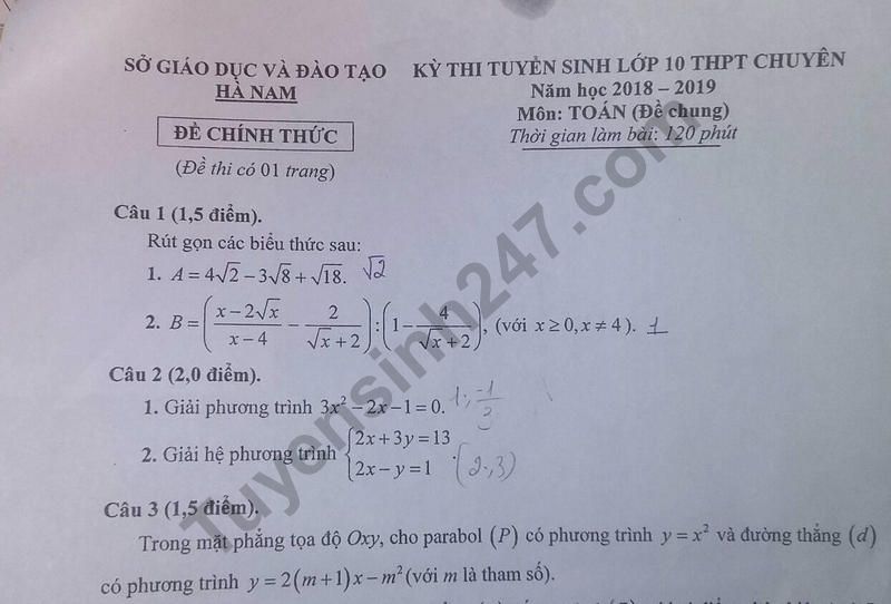 Đáp án đề thi vào lớp 10 môn Toán - THPT Chuyên Biên Hòa tỉnh Hà Nam 2018