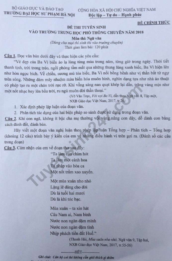 Đáp án đề thi vào lớp 10 môn Văn 2018 THPT Chuyên Sư phạm Hà Nội