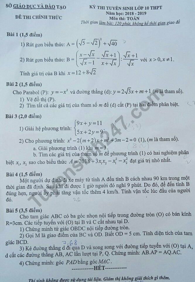 Đáp án đề thi vào lớp 10 môn Toán Bình Dương năm 2018 có đáp án