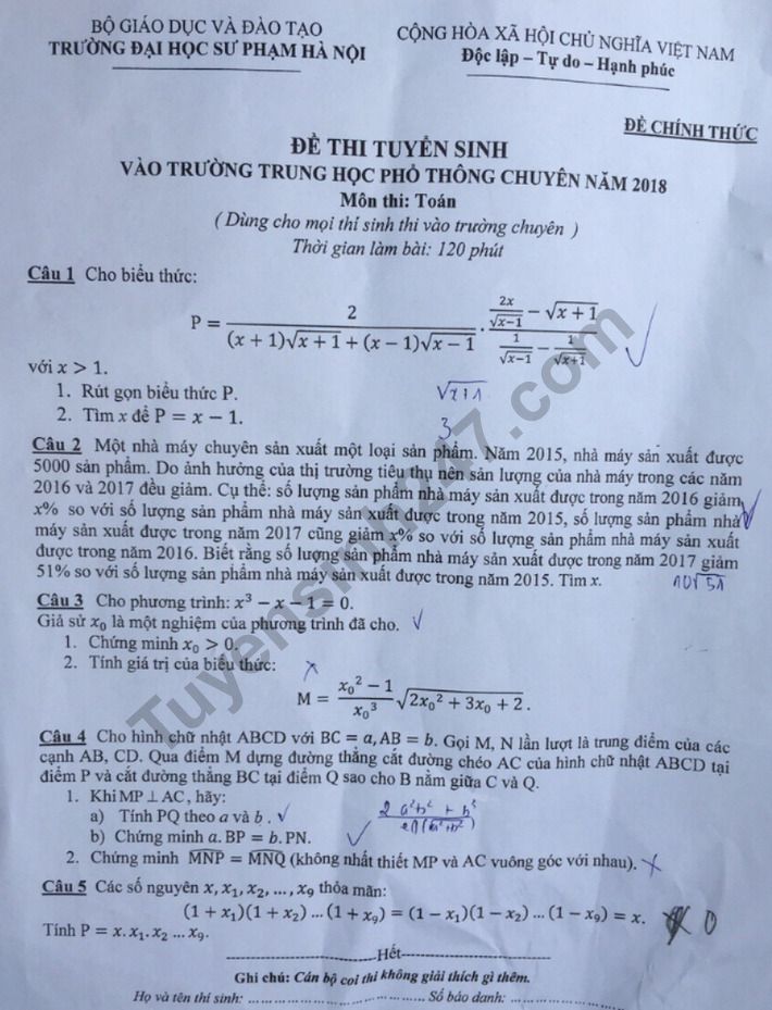 Đáp án đề thi vào lớp 10 môn Toán - THPT Chuyên Sư Phạm Hà Nội 2018