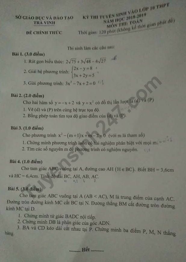 Đáp án chi tiết đề thi vào lớp 10 môn Toán tỉnh Trà Vinh năm 2018