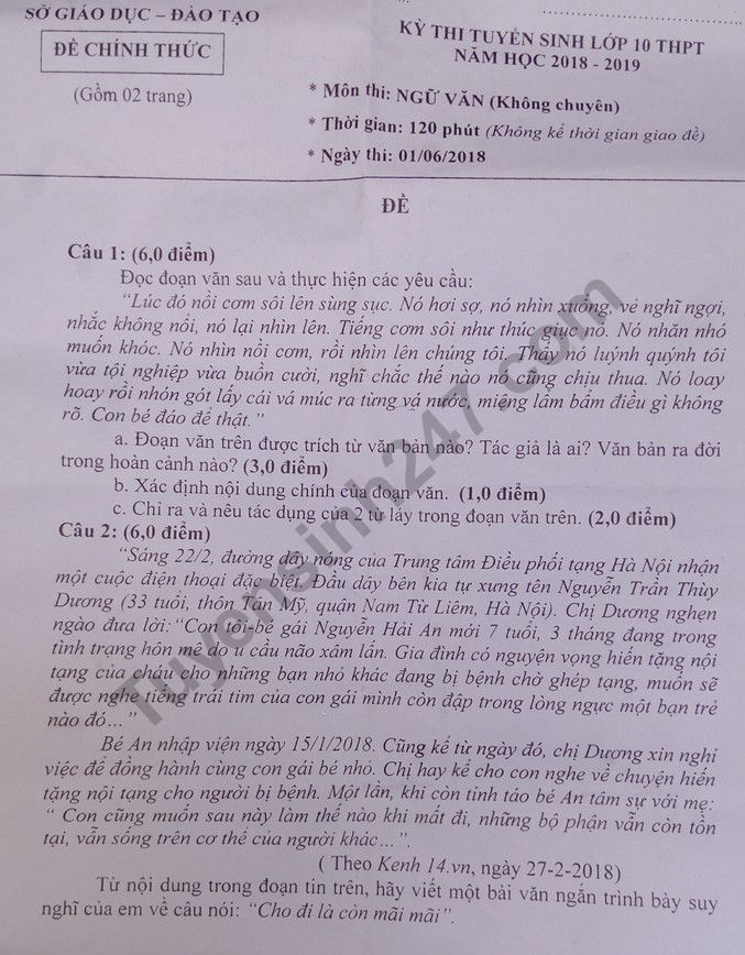 Đáp án đề thi tuyển sinh vào lớp 10 môn Văn tỉnh Bạc Liêu năm 2018