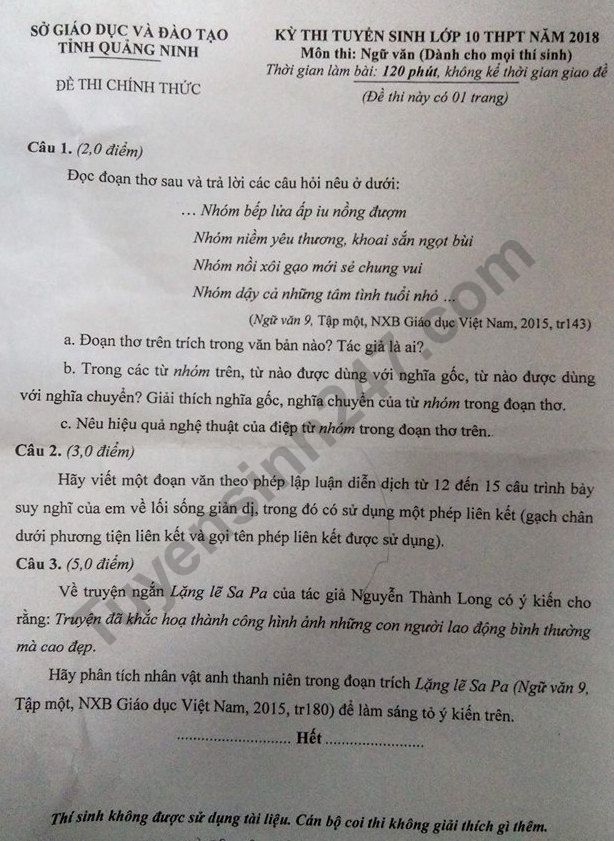Đáp án đề thi vào lớp 10 môn Văn của tỉnh Quảng Ninh năm 2018