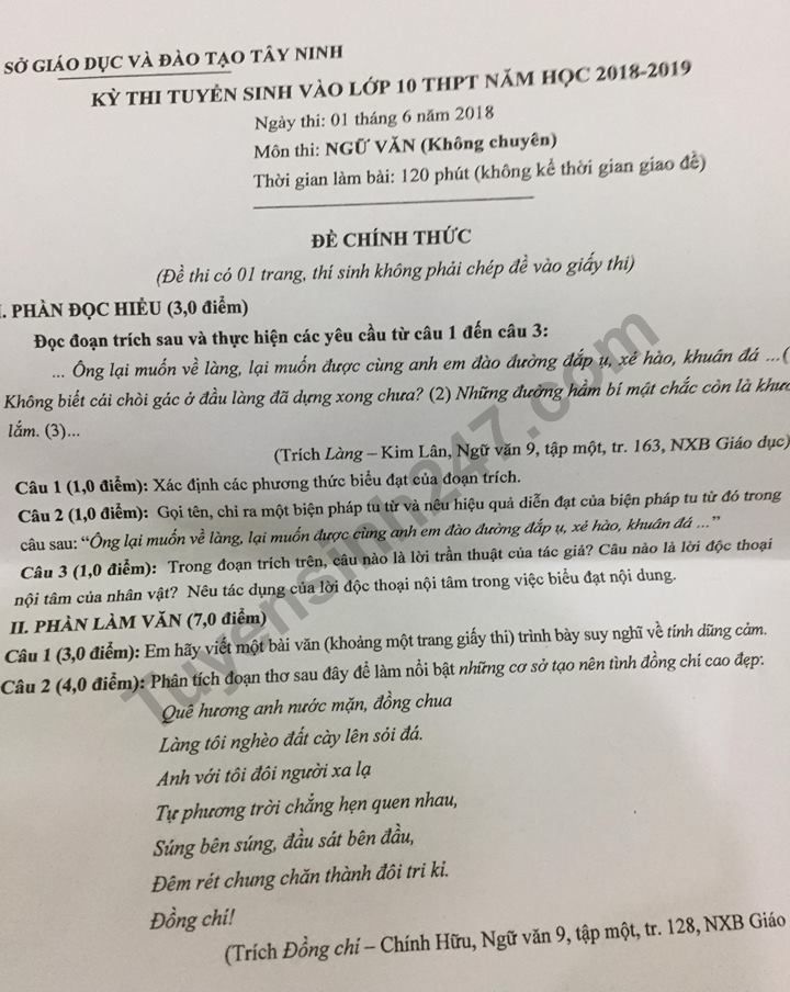 Đề thi tuyển sinh vào lớp 10 môn Văn 2018- Sở GD&ĐT Tây Ninh