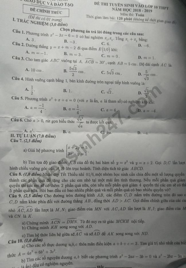Đề thi vào lớp 10 môn Toán tỉnh Bắc Ninh năm 2018