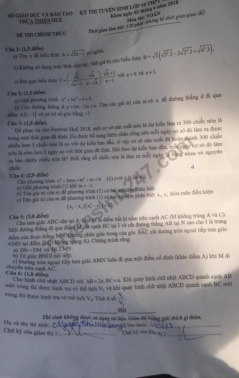 Đáp án đề thi tuyển sinh vào lớp 10 môn Toán - Sở GD Huế năm 2018