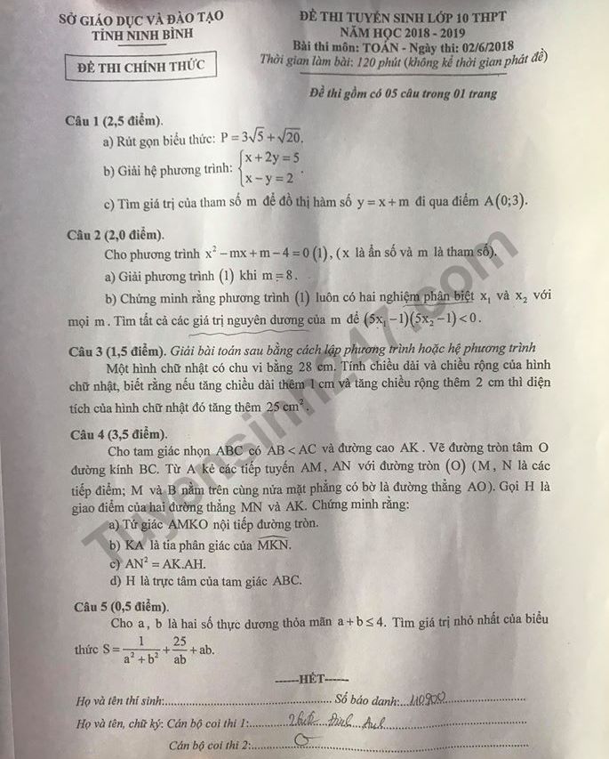 Đáp án đề thi vào lớp 10 môn Toán - Sở GD Ninh Bình năm 2018