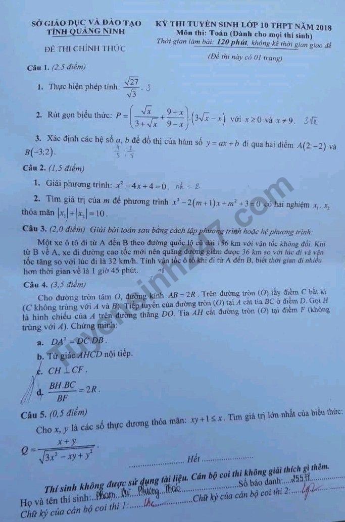 Đề thi vào lớp 10 môn Toán tỉnh Quảng Ninh năm 2018