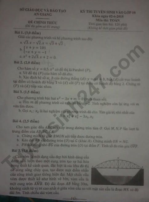 Đáp án đề thi tuyển sinh vào lớp 10 môn Toán - An Giang năm 2018