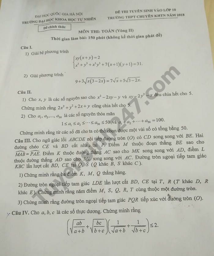 Đề thi vào lớp 10 môn Toán chuyên 2018 - trường KHTN