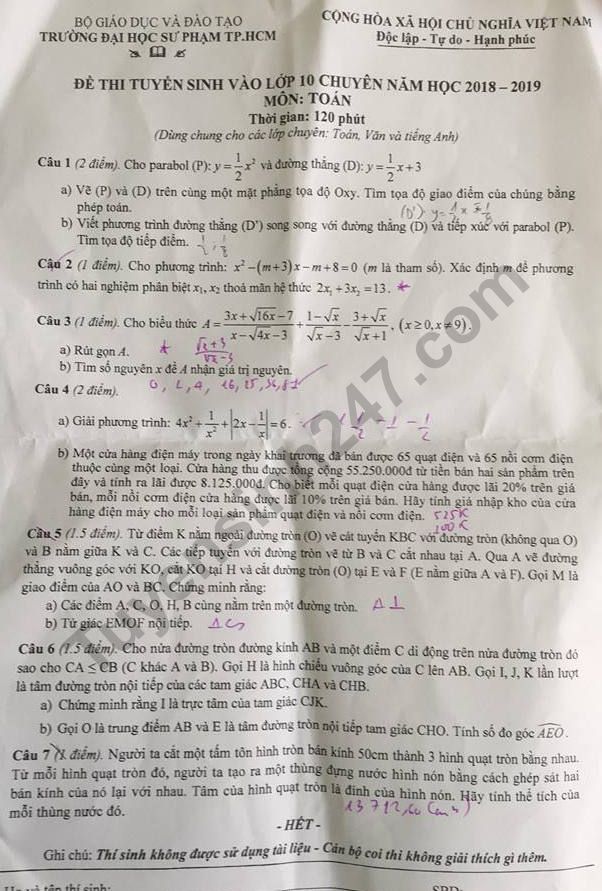 Đề thi vào lớp 10 môn Toán 2018 - ĐH Sư phạm TPHCM