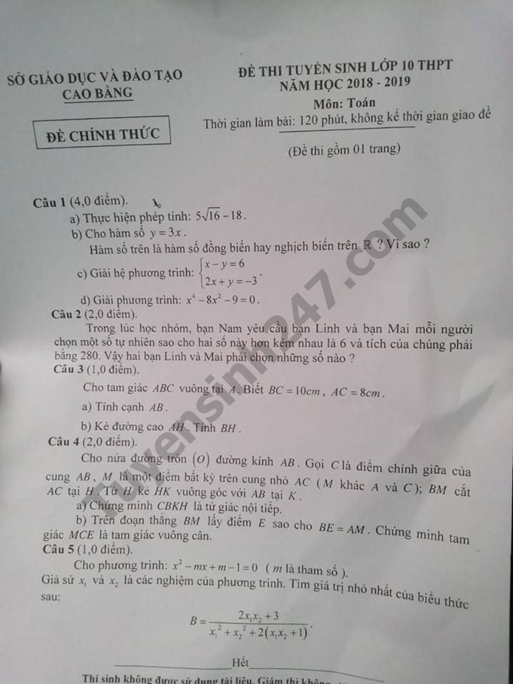 Đề thi vào lớp 10 môn Toán - Sở GD Cao Bằng 2018 có đáp án