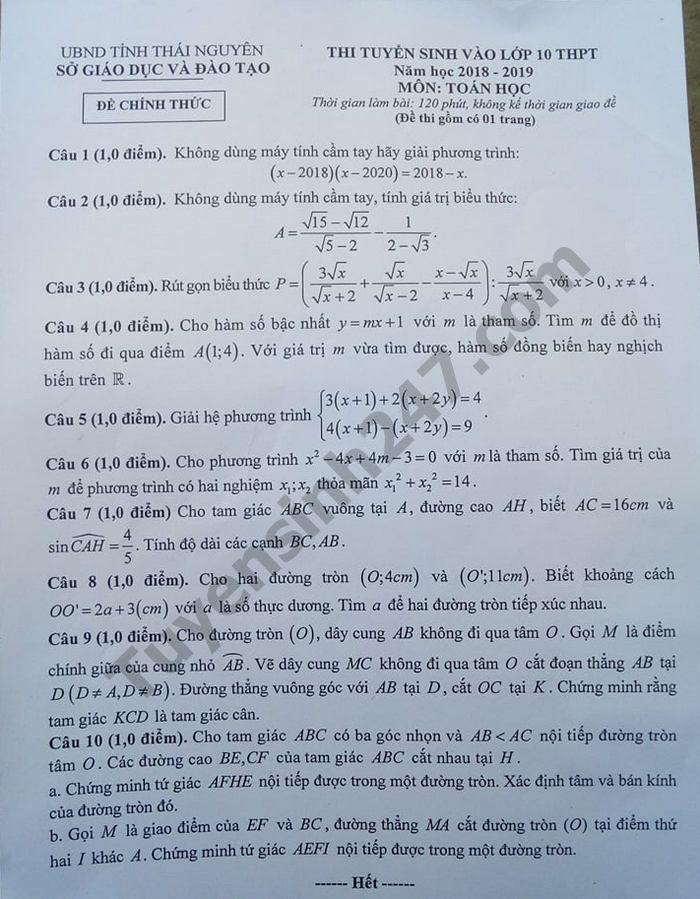 Đề thi vào lớp 10 môn Toán tỉnh Thái Nguyên năm 2018 có đáp án