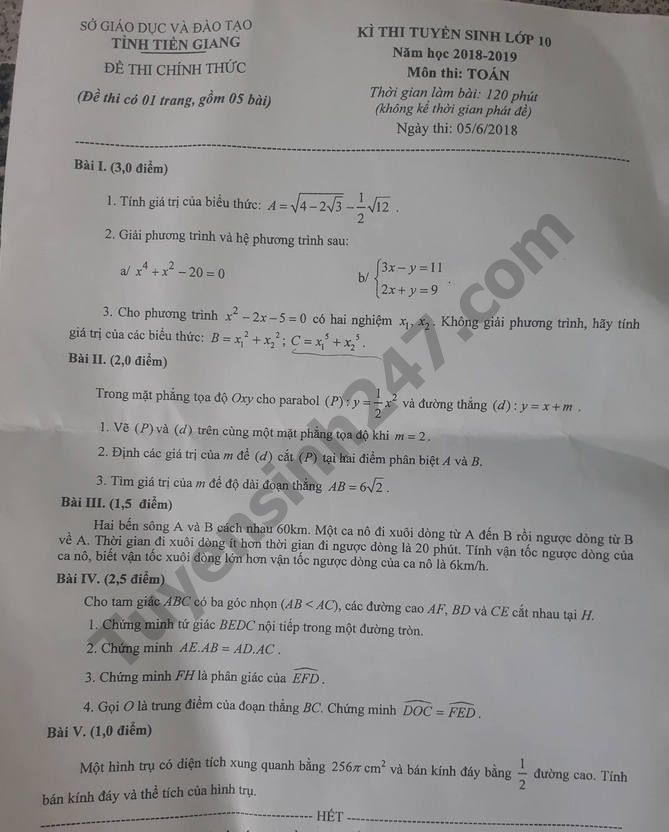 Đáp án đề thi vào lớp 10 môn Toán tỉnh Tiền Giang năm 2018