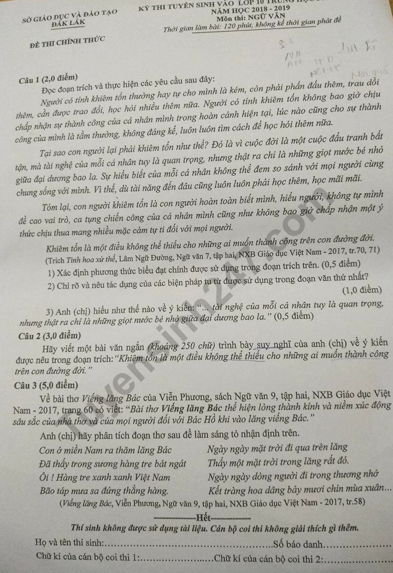 Đáp án đề thi tuyển sinh vào lớp 10 môn Văn 2018 - tỉnh Đắk Lắk