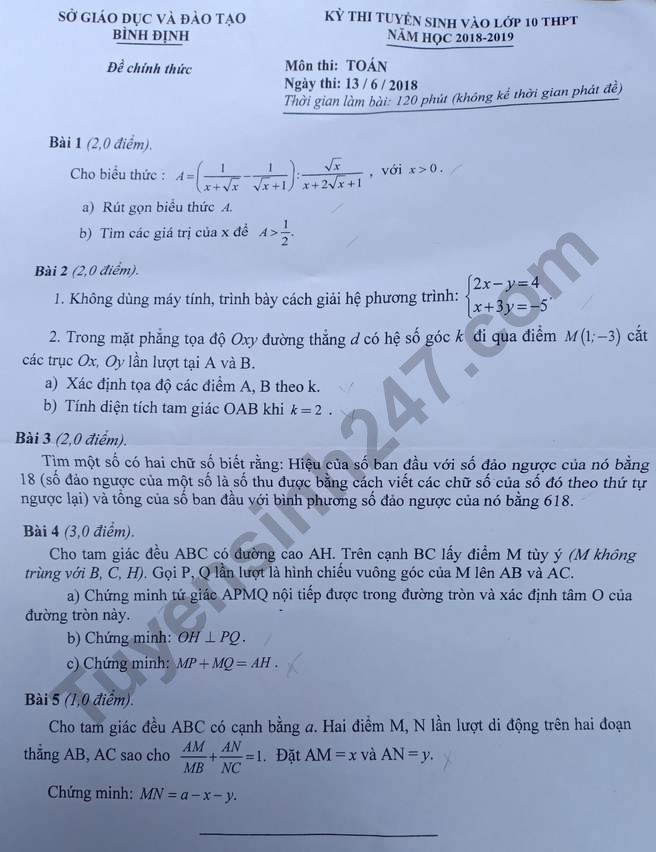 Đáp án đề thi vào lớp 10 môn Toán năm 2018 tỉnh Bình Định 