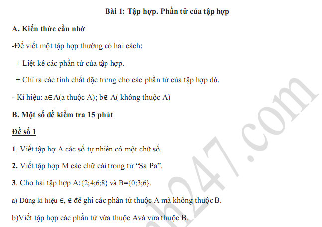 Đề kiểm tra 15 phút lớp 6 môn Toán - Bài 1 Chương 1 Đại số